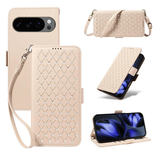 For Google Pixel 9 Pro / Google Pixel 10 / Google Pixel 10 Pro / Google Pixel 9 Leather Case Rhinestone Decor Rhombus Pattern Wallet Stand Flip Phone Cover with Straps - Apricot - 1