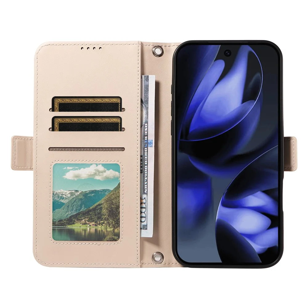 For Google Pixel 9 Pro / Google Pixel 10 / Google Pixel 10 Pro / Google Pixel 9 Leather Case Rhinestone Decor Rhombus Pattern Wallet Stand Flip Phone Cover with Straps - Apricot - 2