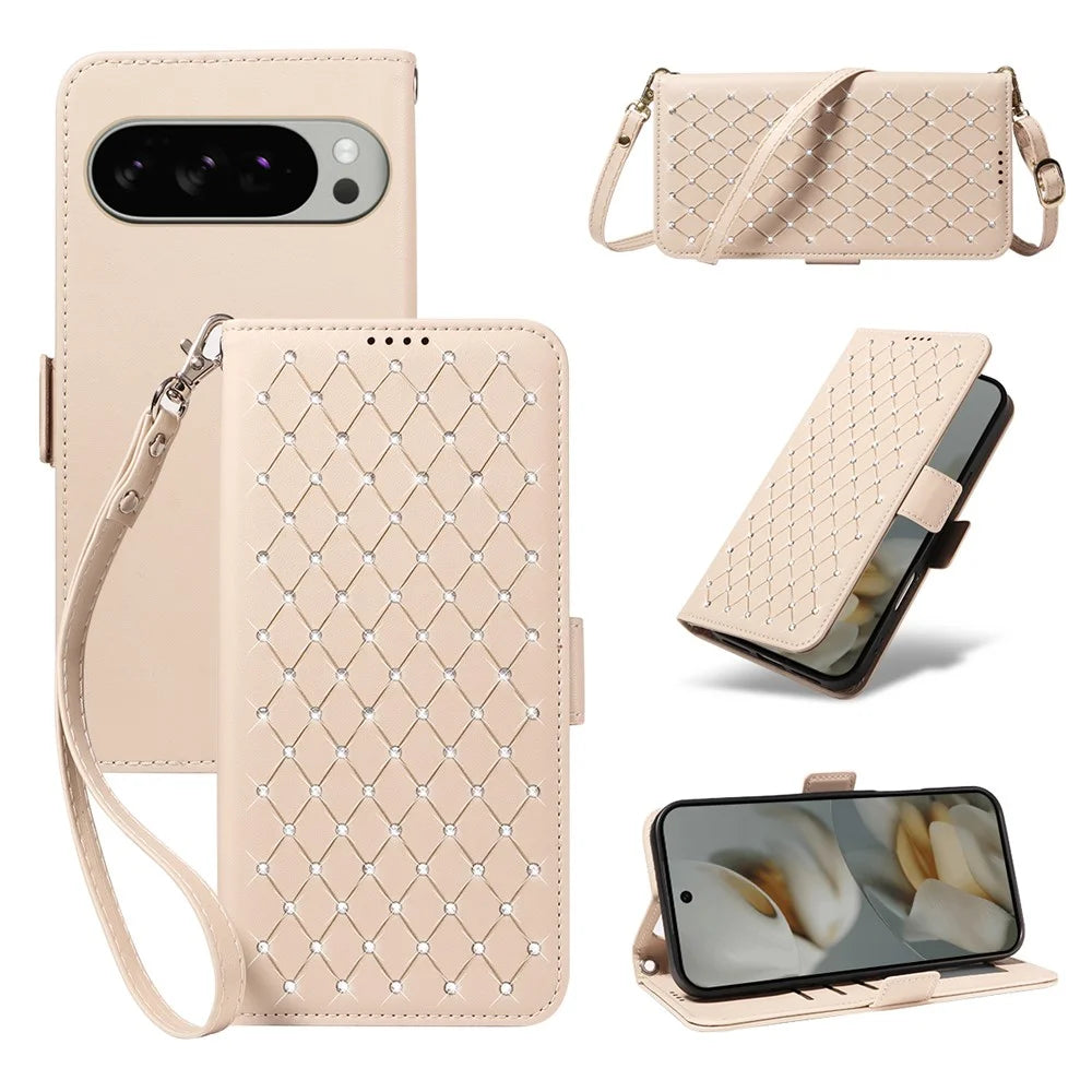 For Google Pixel 9 Pro XL / Google Pixel 10 Pro XL Leather Case Rhinestone Decor Rhombus Pattern Wallet Stand Flip Phone Cover with Straps - Apricot - 1