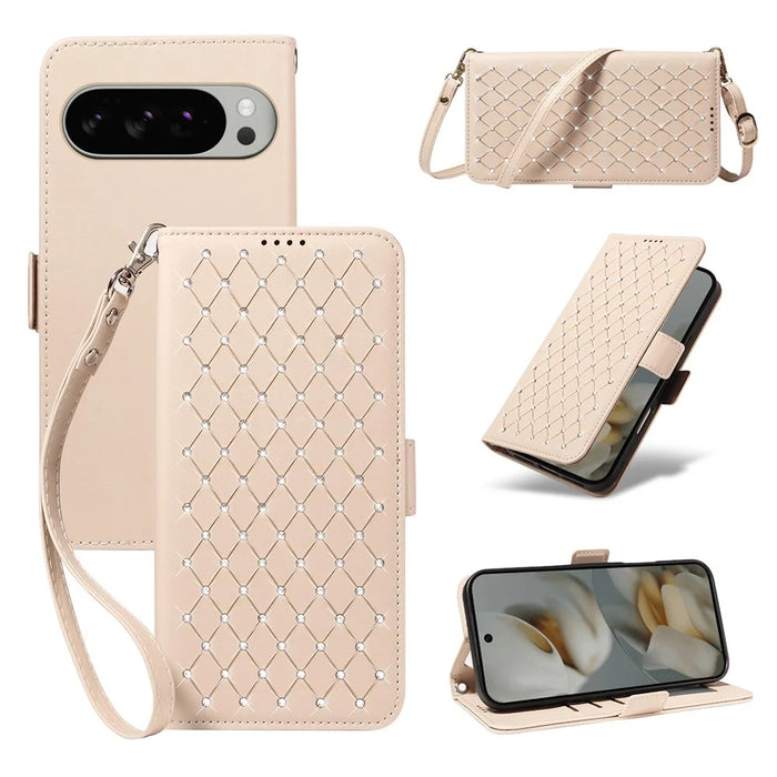 For Google Pixel 9 Pro XL / Google Pixel 10 Pro XL Leather Case Rhinestone Decor Rhombus Pattern Wallet Stand Flip Phone Cover with Straps - Apricot - 1