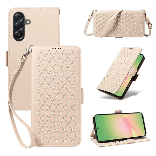 For Samsung Galaxy M56 5G / Galaxy A56 5G Leather Case Rhinestone Decor Rhombus Pattern Wallet Stand Flip Phone Cover with Straps - Apricot - 1