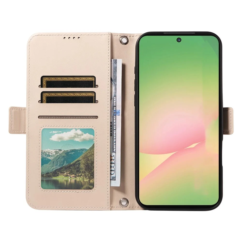 For Samsung Galaxy M56 5G / Galaxy A56 5G Leather Case Rhinestone Decor Rhombus Pattern Wallet Stand Flip Phone Cover with Straps - Apricot - 2