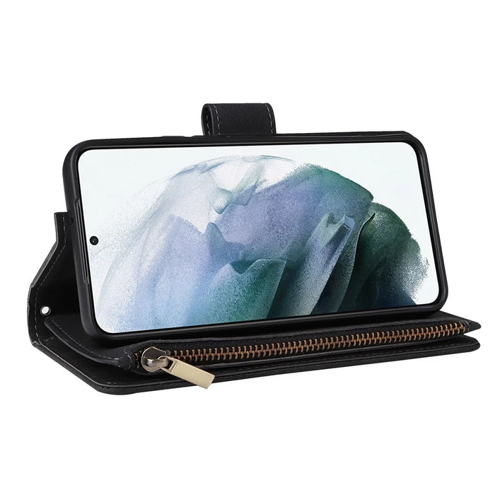 For Samsung Galaxy S23+ Multiple Card Slots Zipper Pocket PU Leather Case Shockproof Wallet Stand Cover - Black - 3