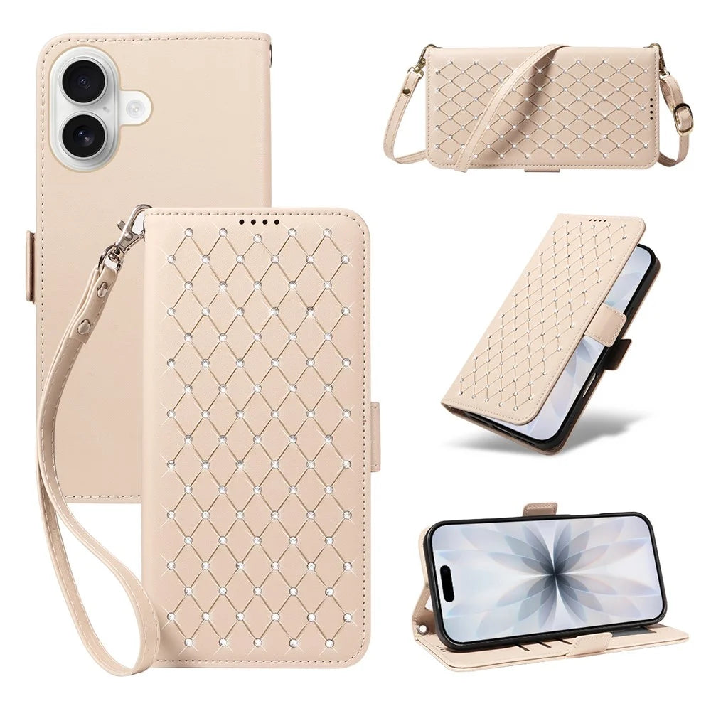 For iPhone 17 Leather Case Rhinestone Decor Rhombus Pattern Wallet Stand Flip Phone Cover with Straps - Apricot - 1