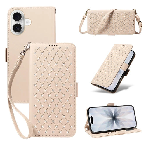 For iPhone 17 Leather Case Rhinestone Decor Rhombus Pattern Wallet Stand Flip Phone Cover with Straps - Apricot - 1