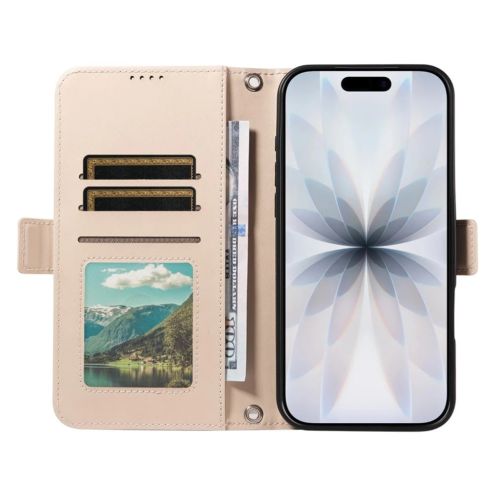 For iPhone 17 Leather Case Rhinestone Decor Rhombus Pattern Wallet Stand Flip Phone Cover with Straps - Apricot - 2