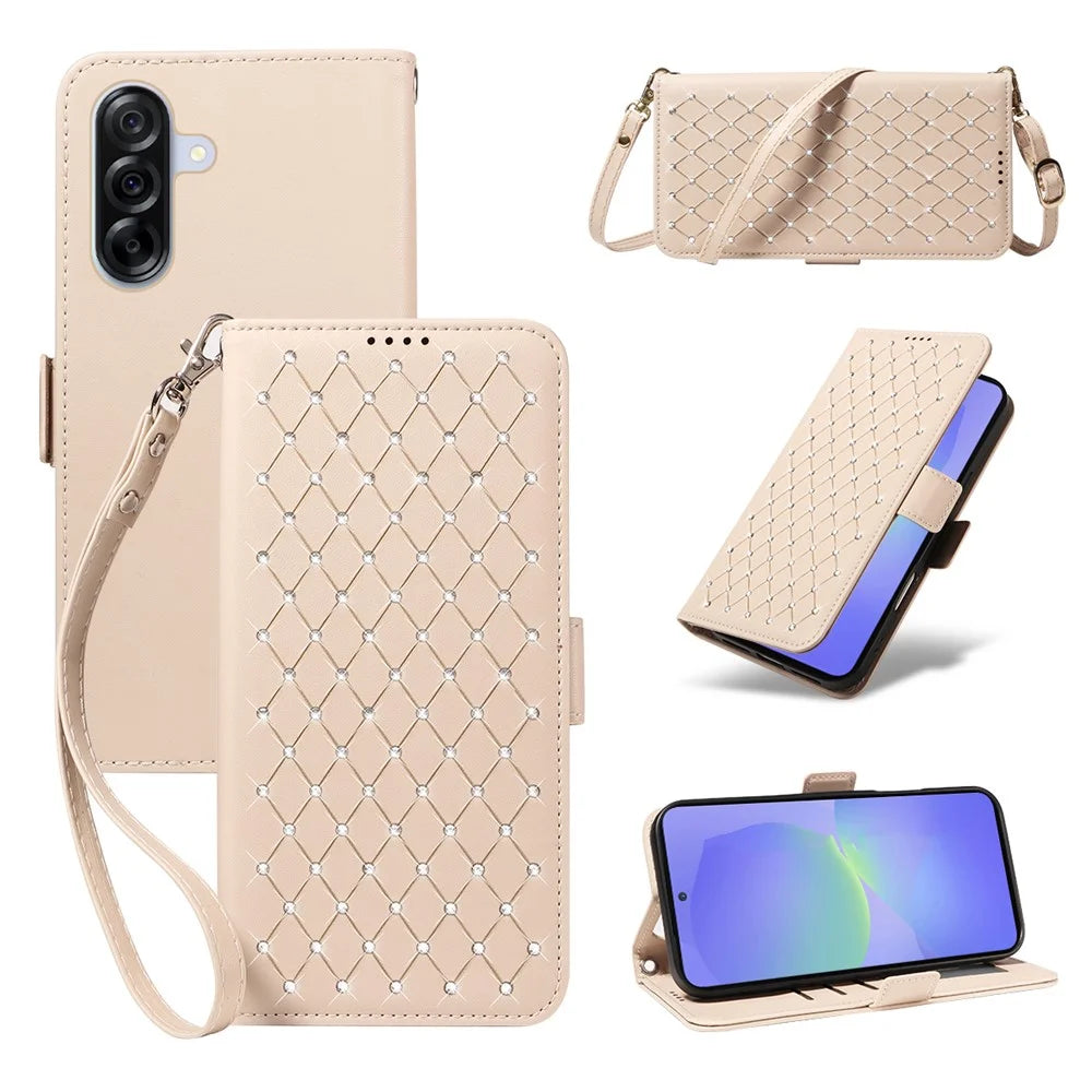 For Samsung Galaxy A36 5G Leather Case Rhinestone Decor Rhombus Pattern Wallet Stand Flip Phone Cover with Straps - Apricot - 1
