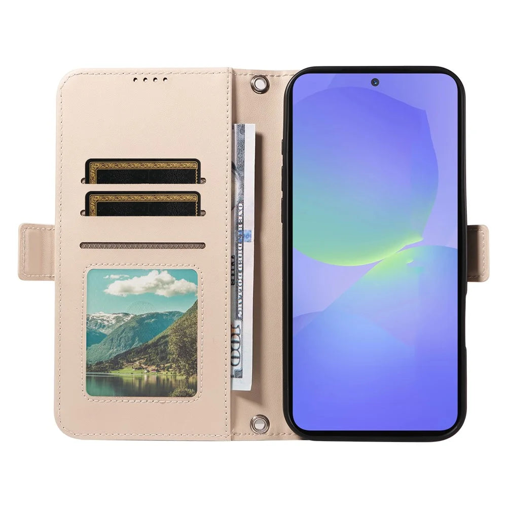 For Samsung Galaxy A36 5G Leather Case Rhinestone Decor Rhombus Pattern Wallet Stand Flip Phone Cover with Straps - Apricot - 2