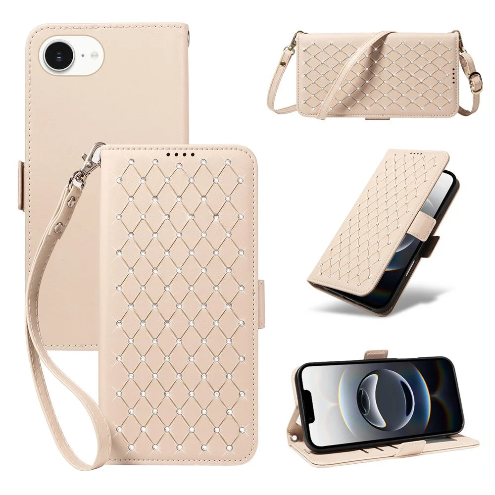 For iPhone 17e / 16e Leather Case Rhinestone Decor Rhombus Pattern Wallet Stand Flip Phone Cover with Straps - Apricot - 1