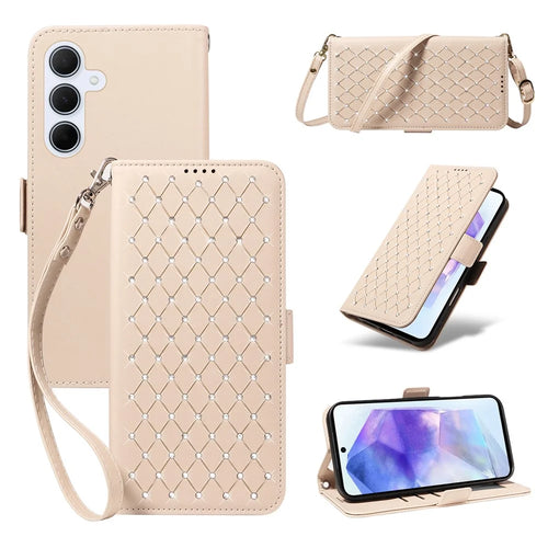 For Samsung Galaxy A55 5G Leather Case Rhinestone Decor Rhombus Pattern Wallet Stand Flip Phone Cover with Straps - Apricot - 1