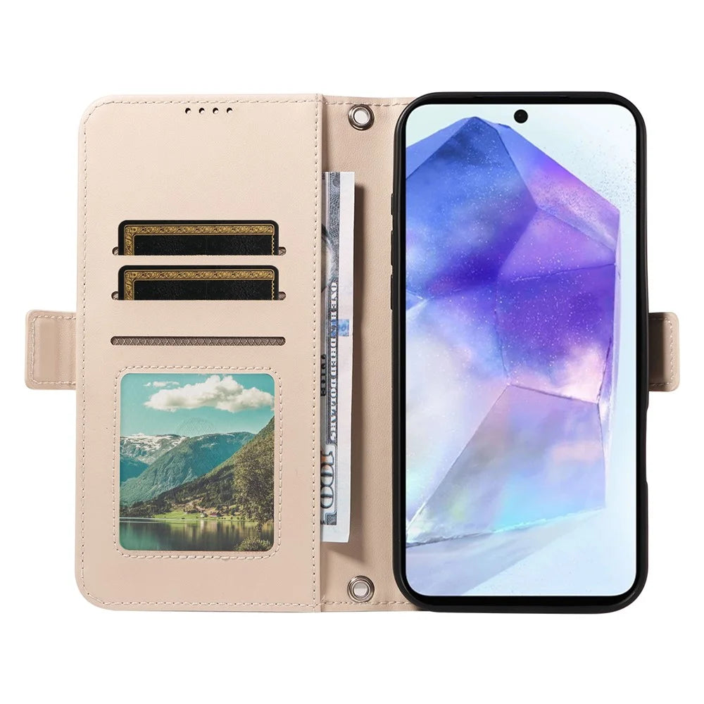 For Samsung Galaxy A55 5G Leather Case Rhinestone Decor Rhombus Pattern Wallet Stand Flip Phone Cover with Straps - Apricot - 2