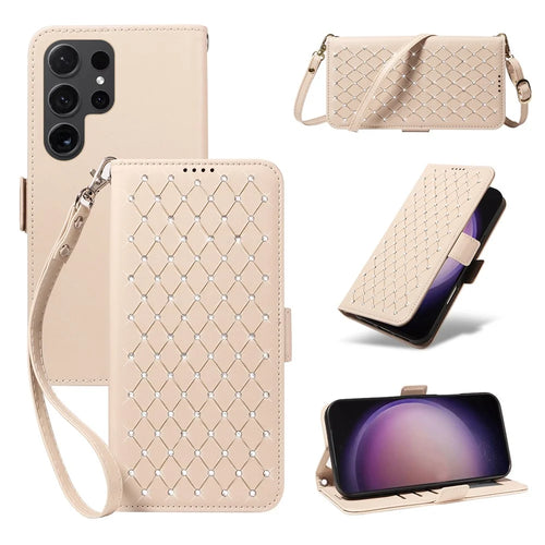 For Samsung Galaxy S24 Ultra Leather Case Rhinestone Decor Rhombus Pattern Wallet Stand Flip Phone Cover with Straps - Apricot - 1