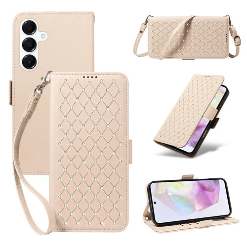 For Samsung Galaxy A35 5G Leather Case Rhinestone Decor Rhombus Pattern Wallet Stand Flip Phone Cover with Straps - Apricot - 1