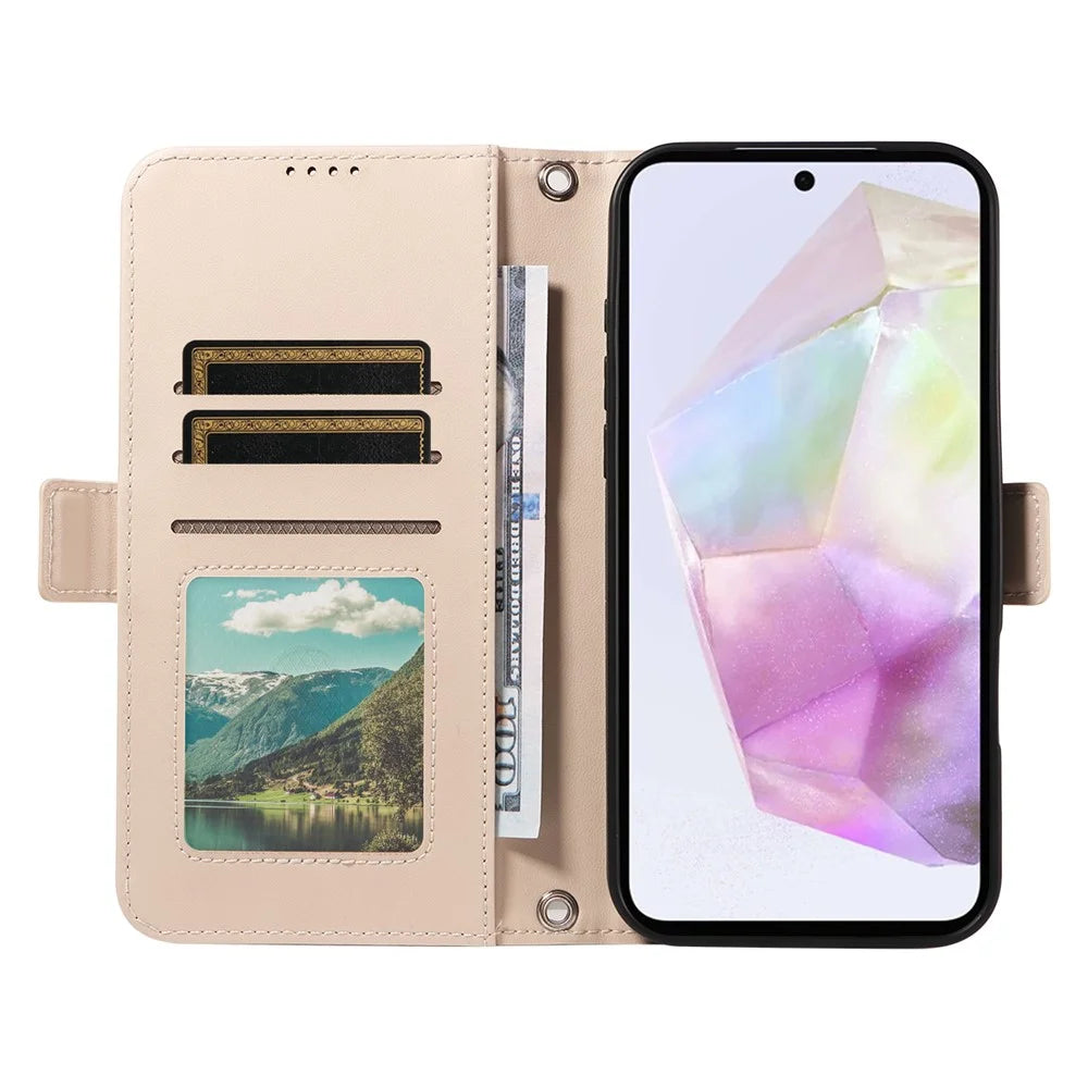 For Samsung Galaxy A35 5G Leather Case Rhinestone Decor Rhombus Pattern Wallet Stand Flip Phone Cover with Straps - Apricot - 2