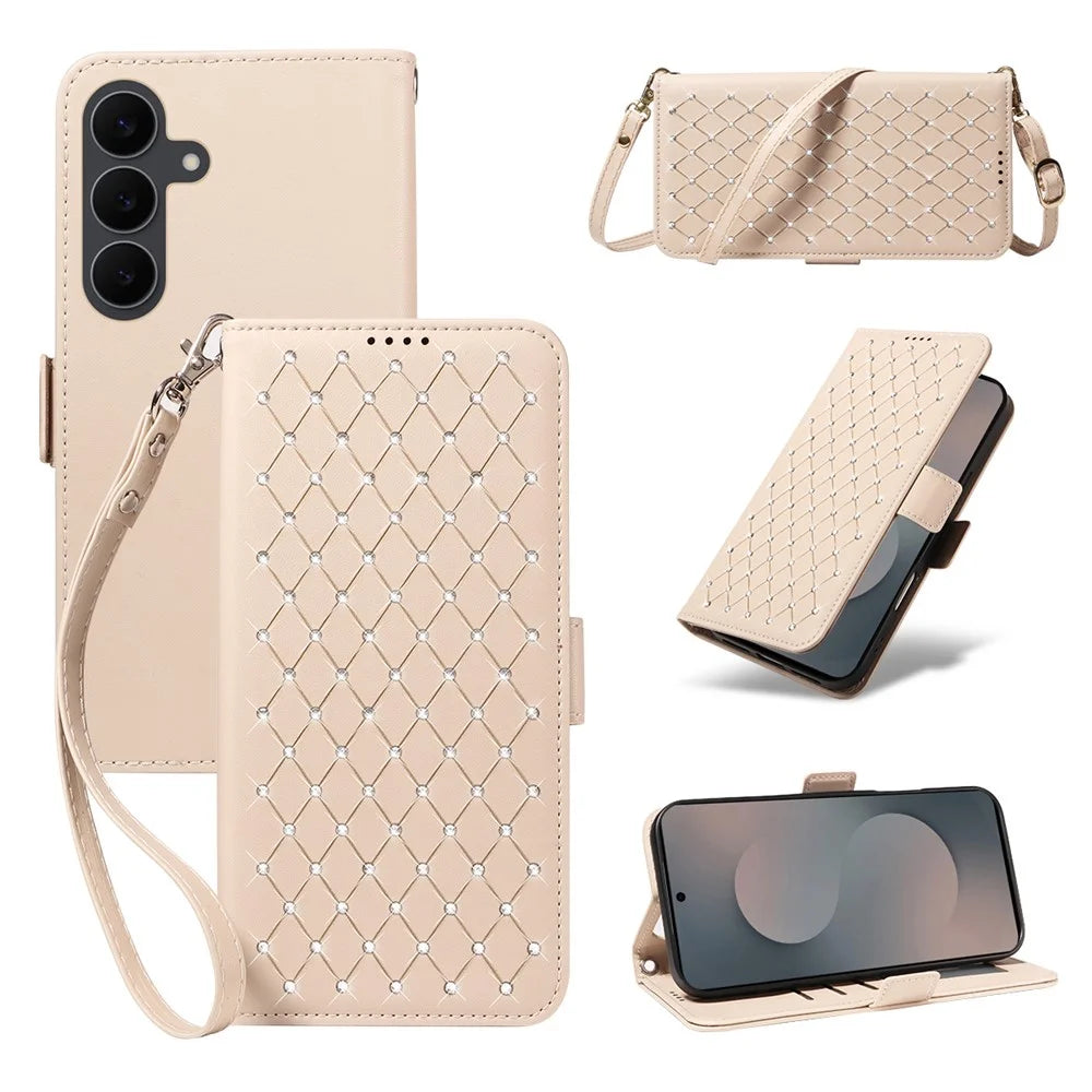 For Samsung Galaxy S25 FE Leather Case Rhinestone Decor Rhombus Pattern Wallet Stand Flip Phone Cover with Straps - Apricot - 1