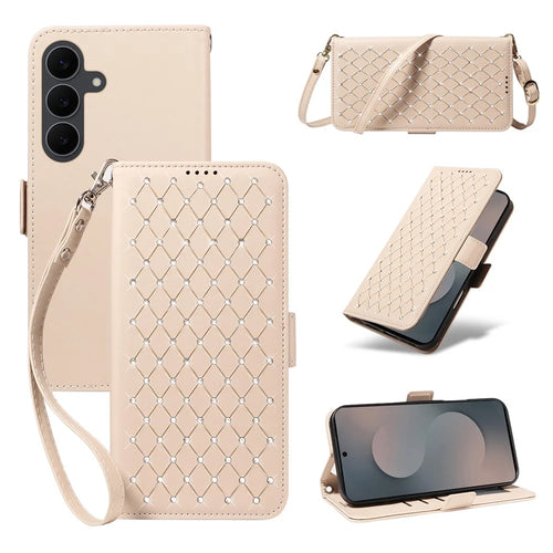 For Samsung Galaxy S25 FE Leather Case Rhinestone Decor Rhombus Pattern Wallet Stand Flip Phone Cover with Straps - Apricot - 1