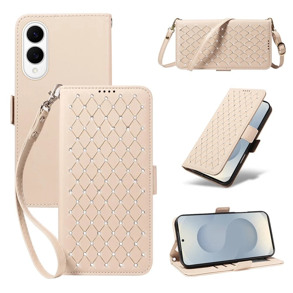 For Samsung Galaxy S25 Edge Leather Case Rhinestone Decor Rhombus Pattern Wallet Stand Flip Phone Cover with Straps - Apricot - 1