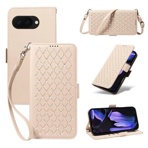 For Google Pixel 9a Leather Case Rhinestone Decor Rhombus Pattern Wallet Stand Flip Phone Cover with Straps - Apricot - 1