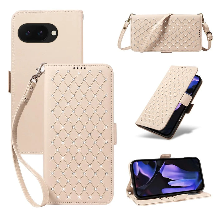 For Google Pixel 9a Leather Case Rhinestone Decor Rhombus Pattern Wallet Stand Flip Phone Cover with Straps - Apricot - 1