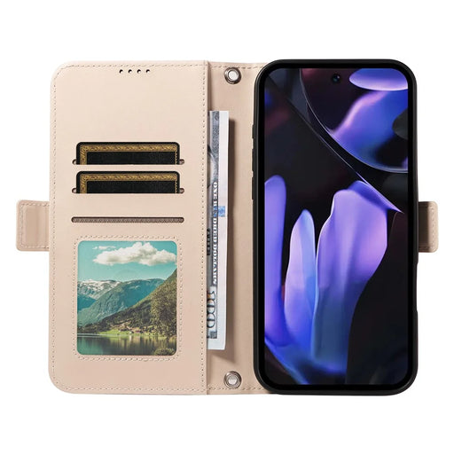 For Google Pixel 9a Leather Case Rhinestone Decor Rhombus Pattern Wallet Stand Flip Phone Cover with Straps - Apricot - 2