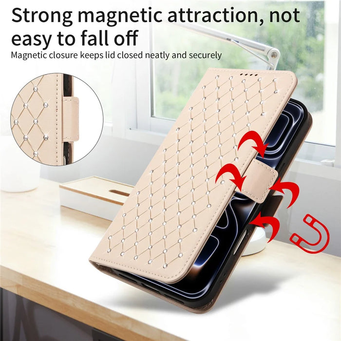 For Google Pixel 9a Leather Case Rhinestone Decor Rhombus Pattern Wallet Stand Flip Phone Cover with Straps - Apricot - 4