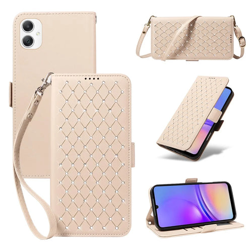 For Samsung Galaxy A08 5G / A08 4G / A07 5G / A06 5G / A06 4G Leather Case Rhinestone Decor Rhombus Pattern Wallet Stand Flip Phone Cover with Straps - Apricot - 1