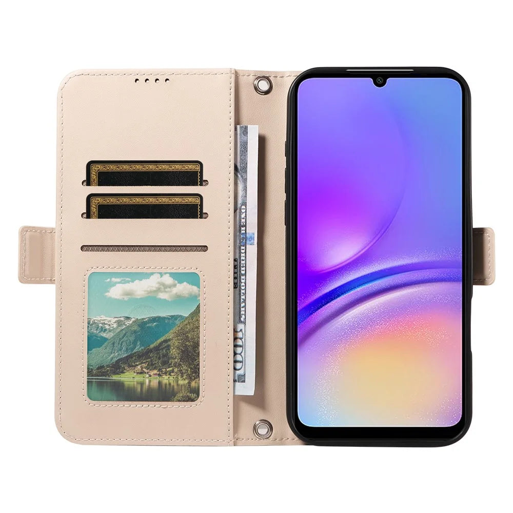 For Samsung Galaxy A08 5G / A08 4G / A07 5G / A06 5G / A06 4G Leather Case Rhinestone Decor Rhombus Pattern Wallet Stand Flip Phone Cover with Straps - Apricot - 2