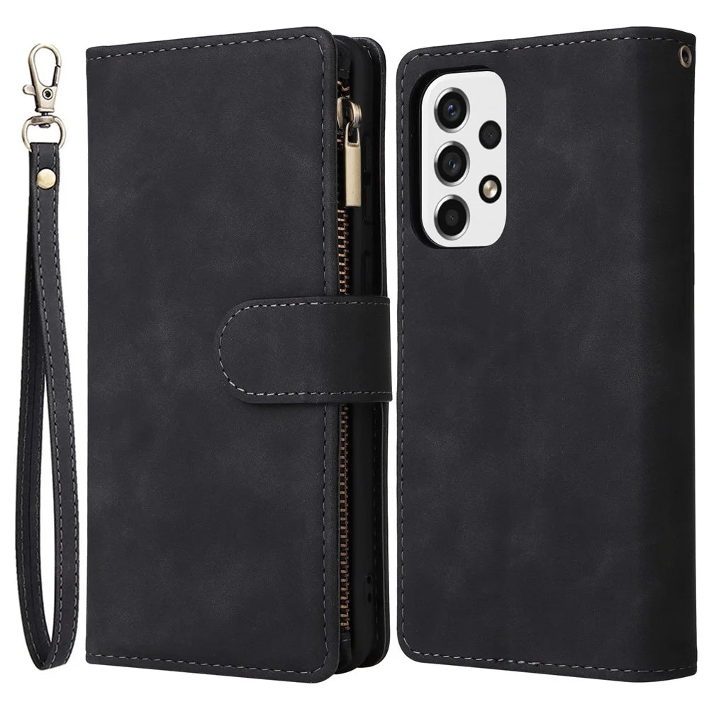 For Samsung Galaxy A23 5G (Global Version) / A23 4G / M23 5G / F23 5G Multiple Card Slots Zipper Pocket PU Leather Phone Stand Case Magnetic Clasp Wallet Cover - Black - 1