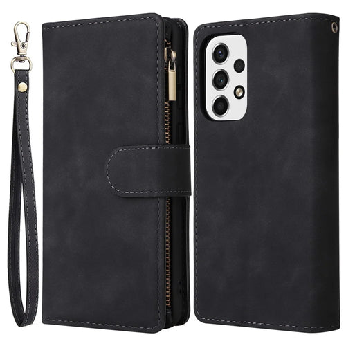 For Samsung Galaxy A23 5G (Global Version) / A23 4G / M23 5G / F23 5G Multiple Card Slots Zipper Pocket PU Leather Phone Stand Case Magnetic Clasp Wallet Cover - Black - 1
