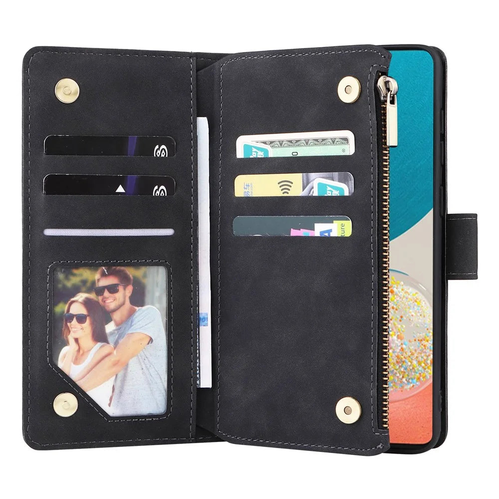 For Samsung Galaxy A23 5G (Global Version) / A23 4G / M23 5G / F23 5G Multiple Card Slots Zipper Pocket PU Leather Phone Stand Case Magnetic Clasp Wallet Cover - Black - 2