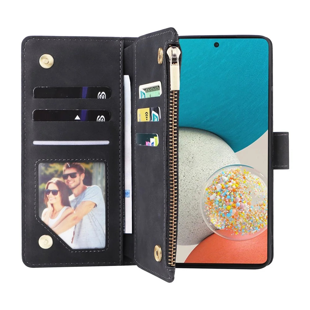 For Samsung Galaxy A23 5G (Global Version) / A23 4G / M23 5G / F23 5G Multiple Card Slots Zipper Pocket PU Leather Phone Stand Case Magnetic Clasp Wallet Cover - Black - 4