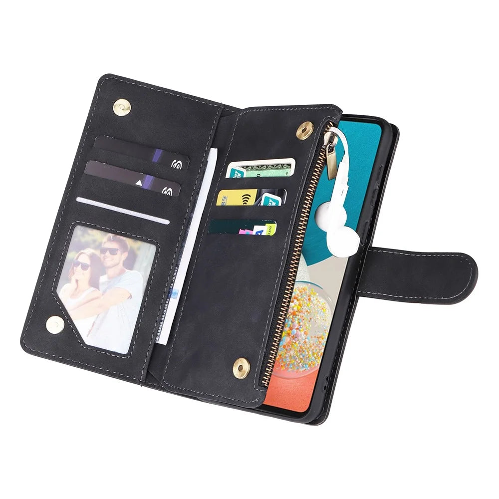 For Samsung Galaxy A23 5G (Global Version) / A23 4G / M23 5G / F23 5G Multiple Card Slots Zipper Pocket PU Leather Phone Stand Case Magnetic Clasp Wallet Cover - Black - 5