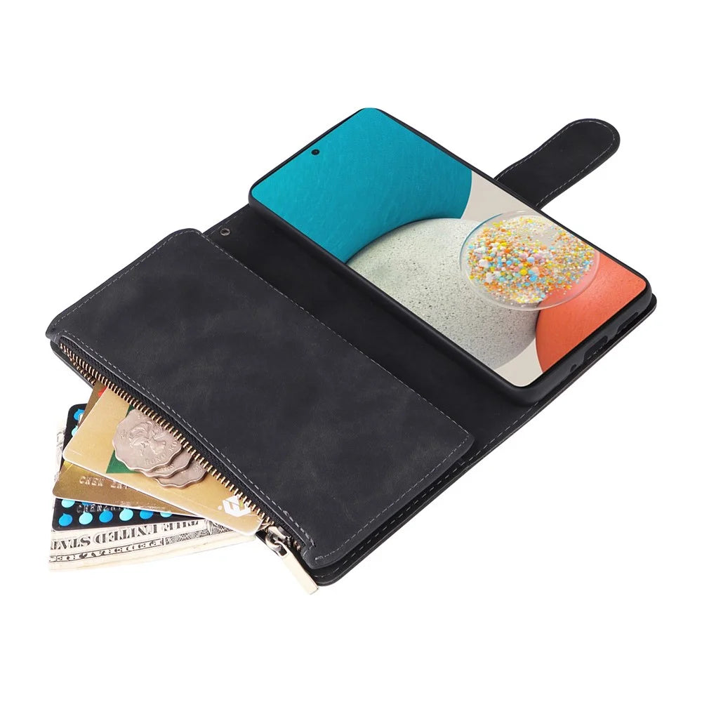 For Samsung Galaxy A23 5G (Global Version) / A23 4G / M23 5G / F23 5G Multiple Card Slots Zipper Pocket PU Leather Phone Stand Case Magnetic Clasp Wallet Cover - Black - 6