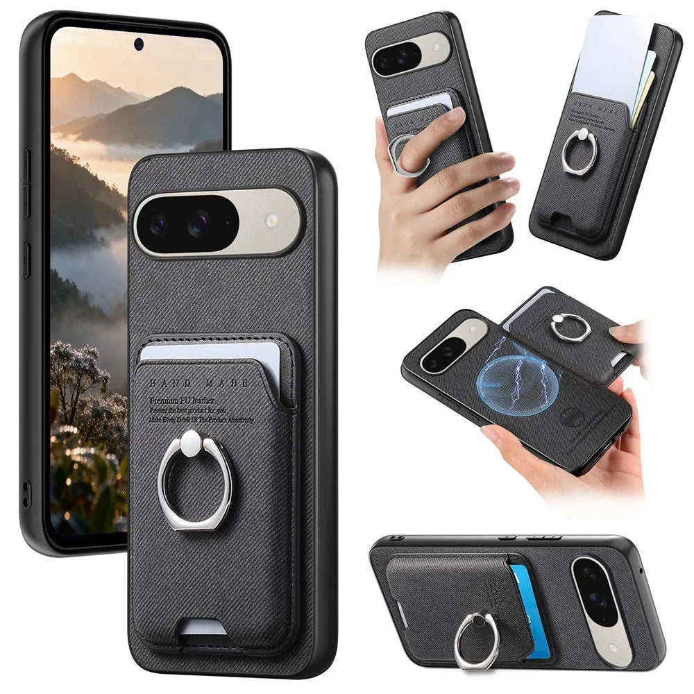 Phone Case For Google Pixel 10 Pro  /  Pixel 10 Cloth Texture  Leather + PC + TPU Phone Cover with Detachable Magnetic Ring Kickstand Card Holder - Black - 1