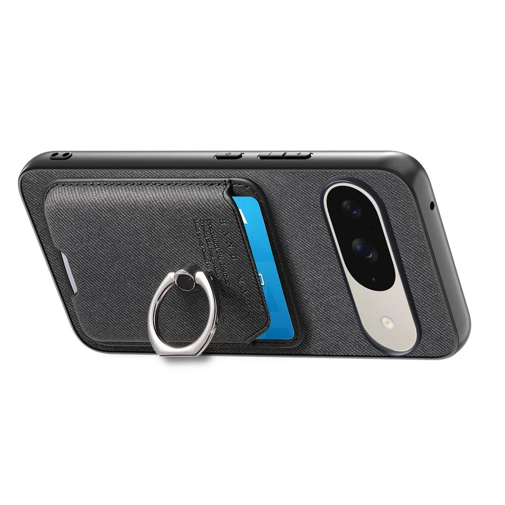 Phone Case For Google Pixel 10 Pro  /  Pixel 10 Cloth Texture  Leather + PC + TPU Phone Cover with Detachable Magnetic Ring Kickstand Card Holder - Black - 2
