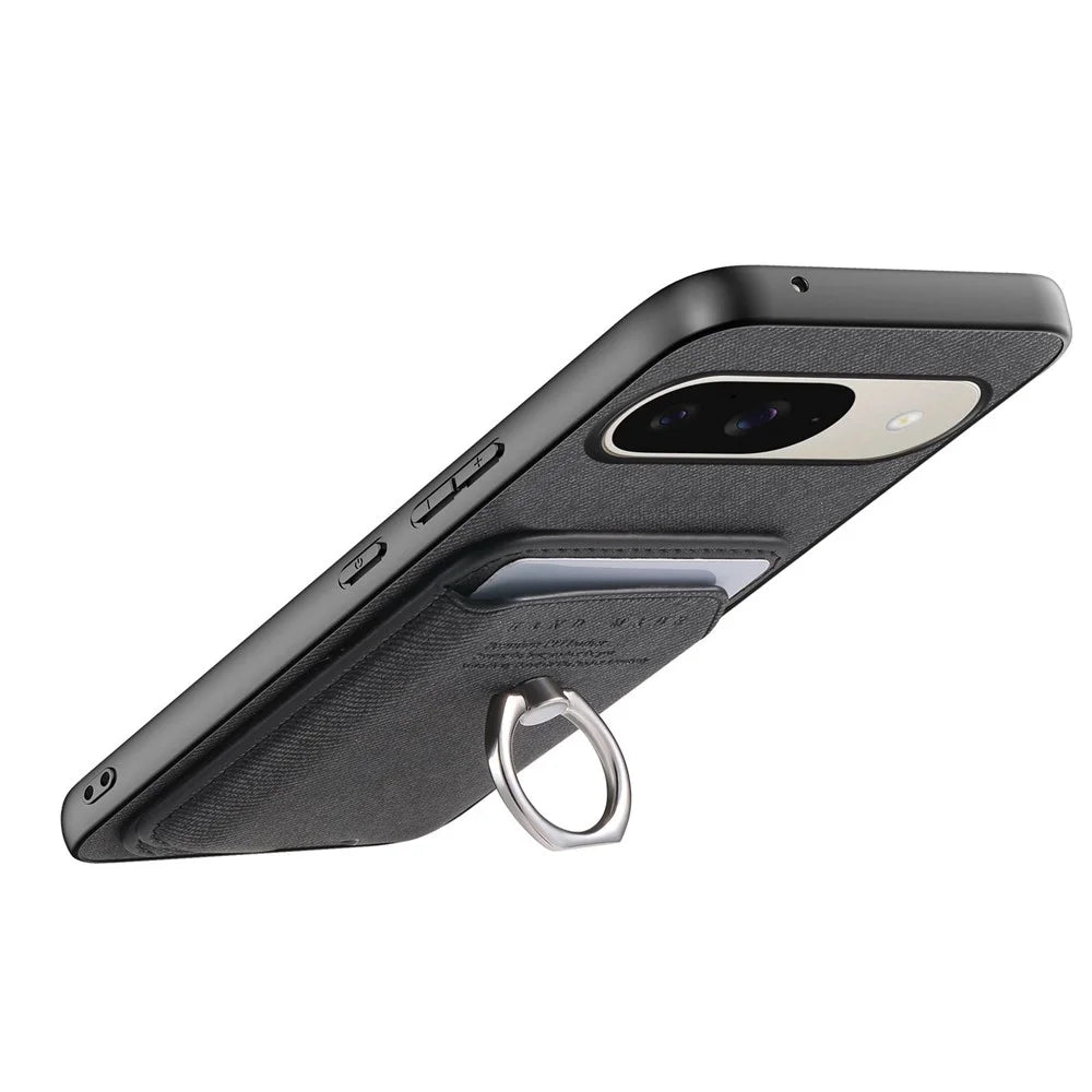 Phone Case For Google Pixel 10 Pro  /  Pixel 10 Cloth Texture  Leather + PC + TPU Phone Cover with Detachable Magnetic Ring Kickstand Card Holder - Black - 3