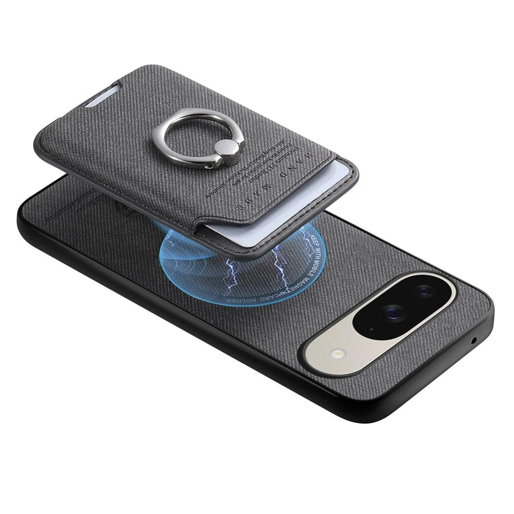 Phone Case For Google Pixel 10 Pro  /  Pixel 10 Cloth Texture  Leather + PC + TPU Phone Cover with Detachable Magnetic Ring Kickstand Card Holder - Black - 4
