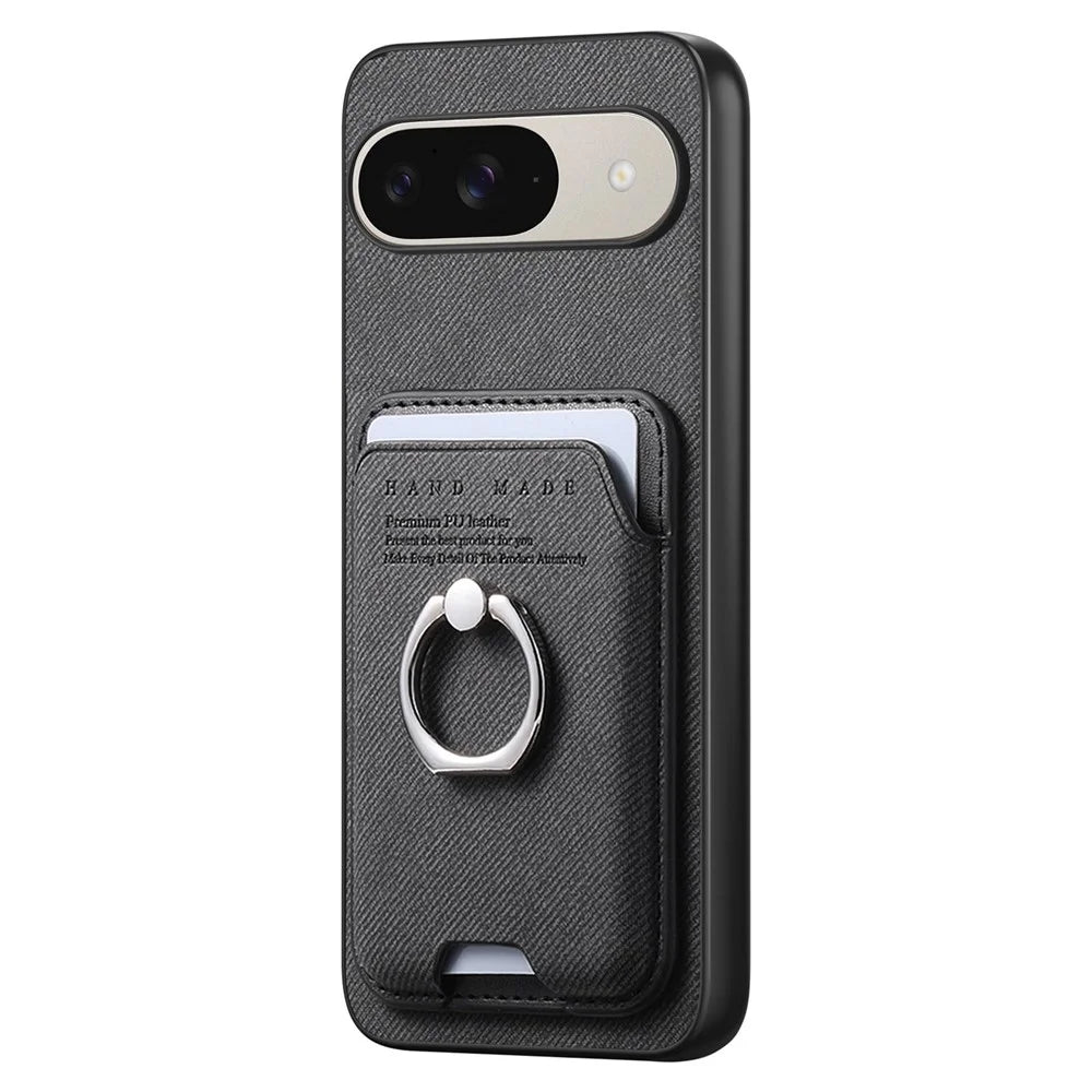Phone Case For Google Pixel 10 Pro  /  Pixel 10 Cloth Texture  Leather + PC + TPU Phone Cover with Detachable Magnetic Ring Kickstand Card Holder - Black - 5