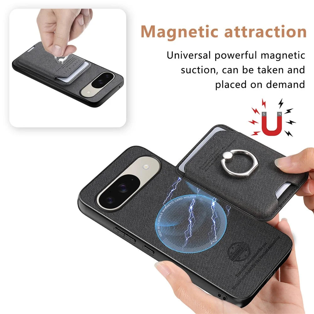 Phone Case For Google Pixel 10 Pro  /  Pixel 10 Cloth Texture  Leather + PC + TPU Phone Cover with Detachable Magnetic Ring Kickstand Card Holder - Black - 7