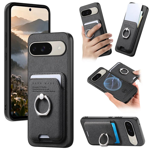 Phone Case For Google Pixel 9 Pro  /  Pixel 9 Cloth Texture  Leather + PC + TPU Phone Cover with Detachable Magnetic Ring Kickstand Card Holder - Black - 1