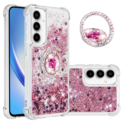 For Samsung Galaxy A57 5G TPU Case with Kickstand Quicksand Shockproof Cover - Rose Gold / Hearts - 1