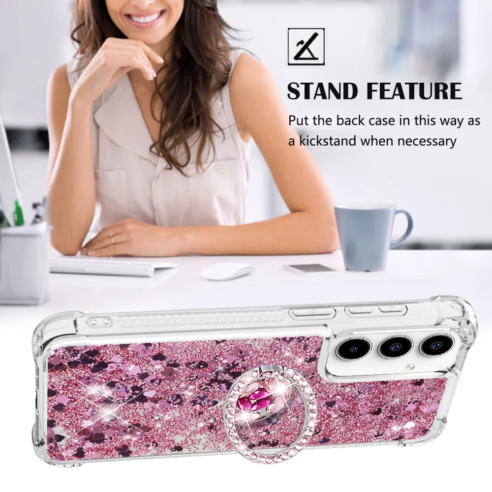 For Samsung Galaxy A57 5G TPU Case with Kickstand Quicksand Shockproof Cover - Rose Gold / Hearts - 5