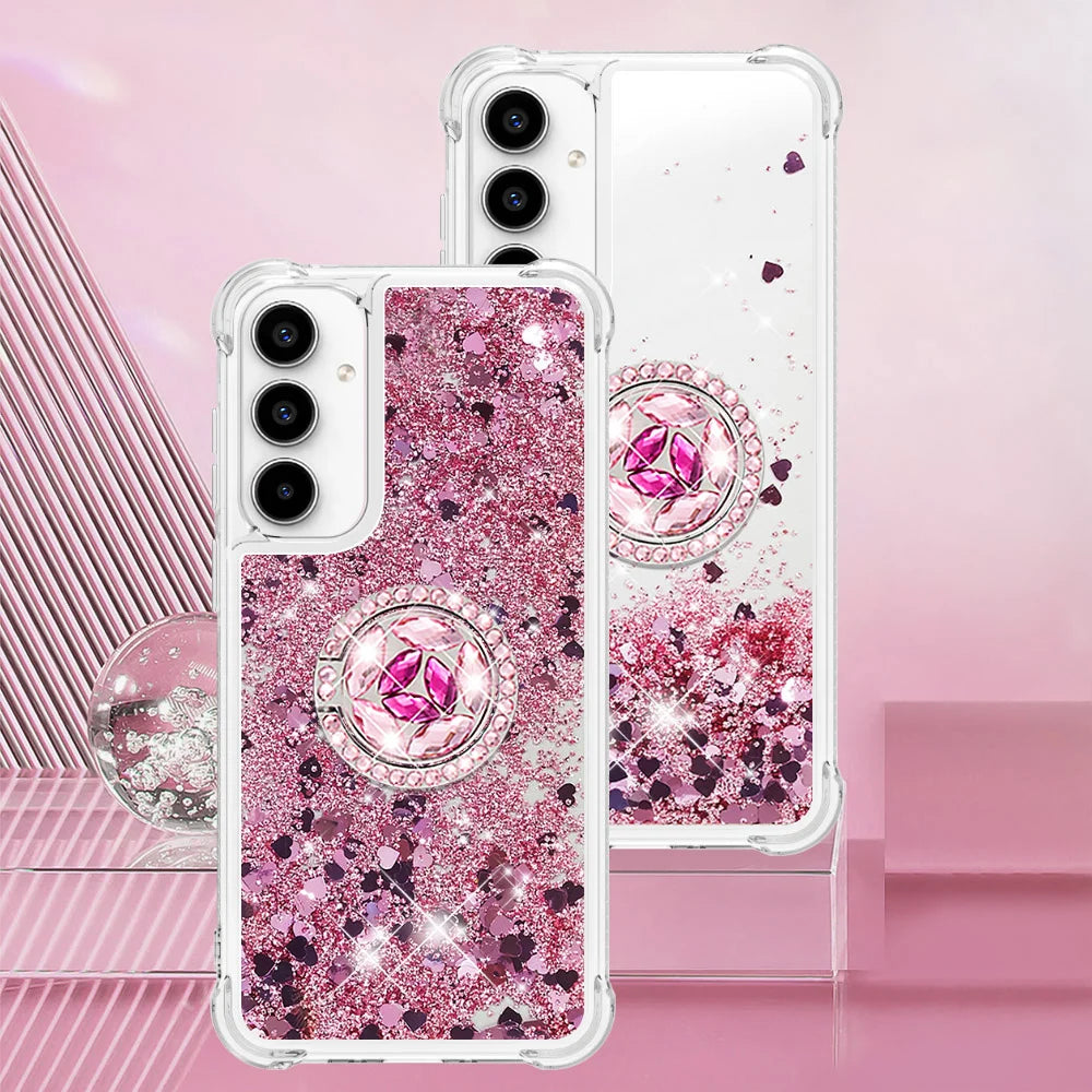 For Samsung Galaxy A57 5G TPU Case with Kickstand Quicksand Shockproof Cover - Rose Gold / Hearts - 7