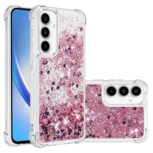 For Samsung Galaxy A57 5G TPU Case Glitter Quicksand Shockproof Phone Back Cover - Rose Gold / Hearts - 1