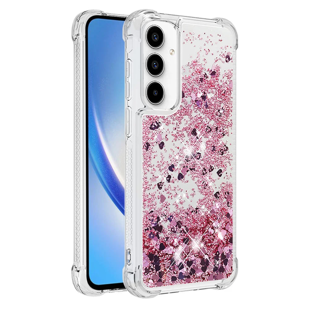For Samsung Galaxy A57 5G TPU Case Glitter Quicksand Shockproof Phone Back Cover - Rose Gold / Hearts - 3
