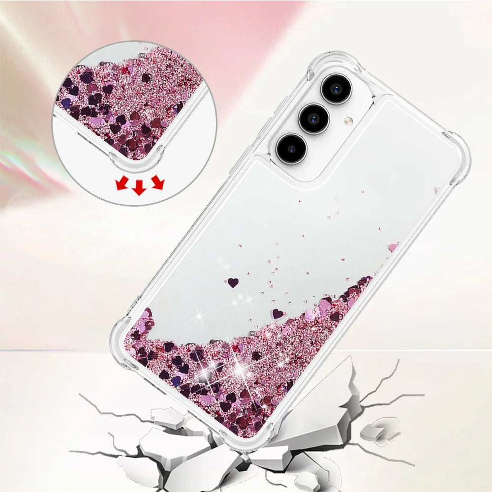 For Samsung Galaxy A57 5G TPU Case Glitter Quicksand Shockproof Phone Back Cover - Rose Gold / Hearts - 4
