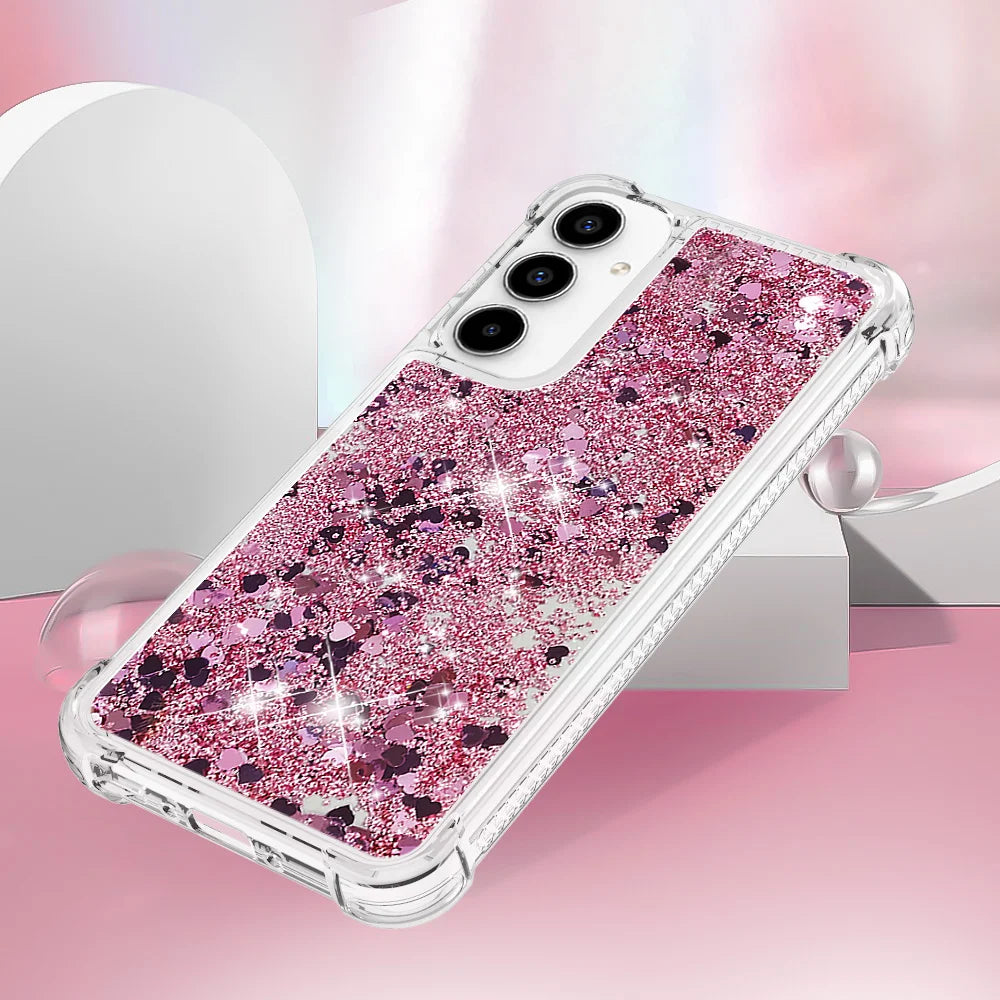 For Samsung Galaxy A57 5G TPU Case Glitter Quicksand Shockproof Phone Back Cover - Rose Gold / Hearts - 5