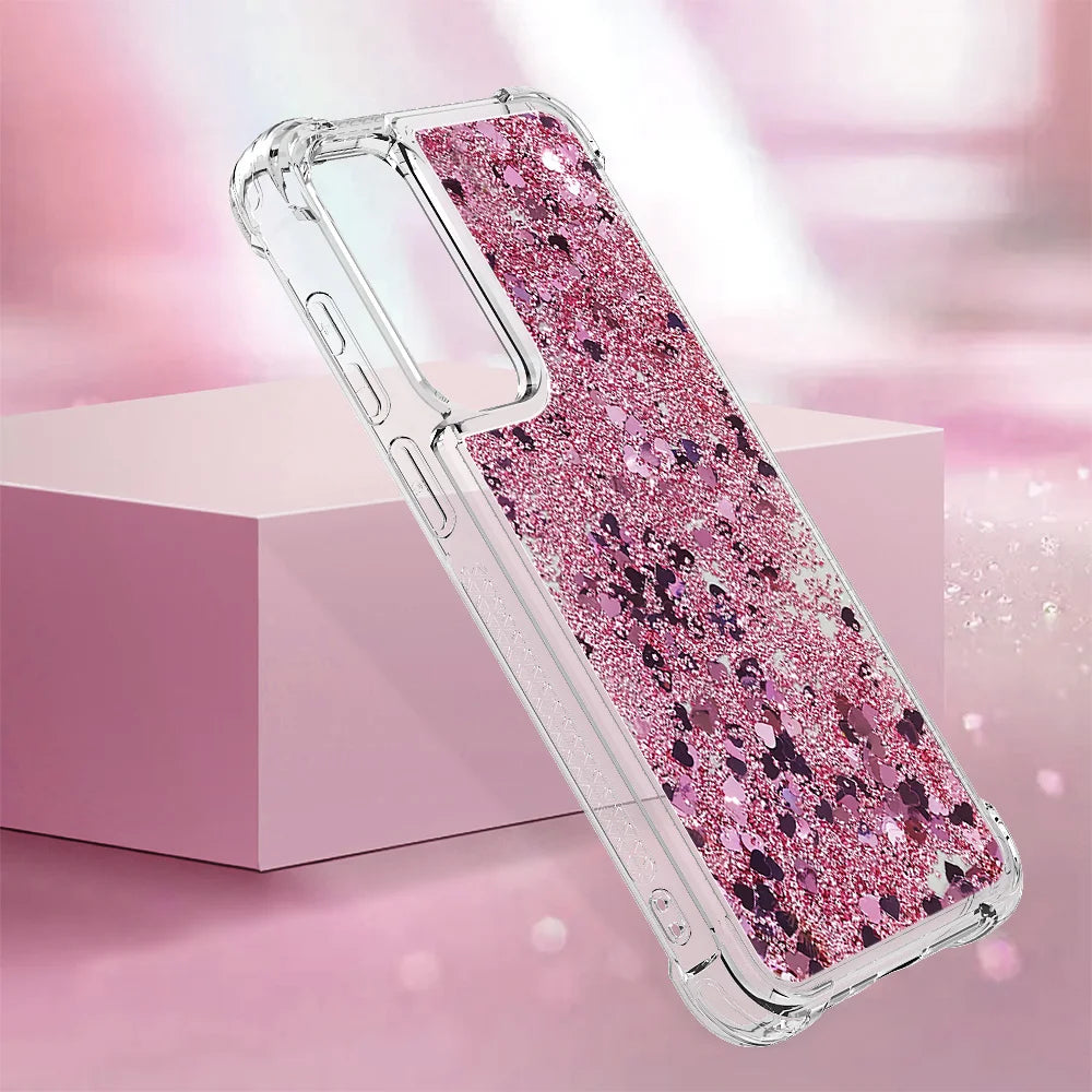 For Samsung Galaxy A57 5G TPU Case Glitter Quicksand Shockproof Phone Back Cover - Rose Gold / Hearts - 6