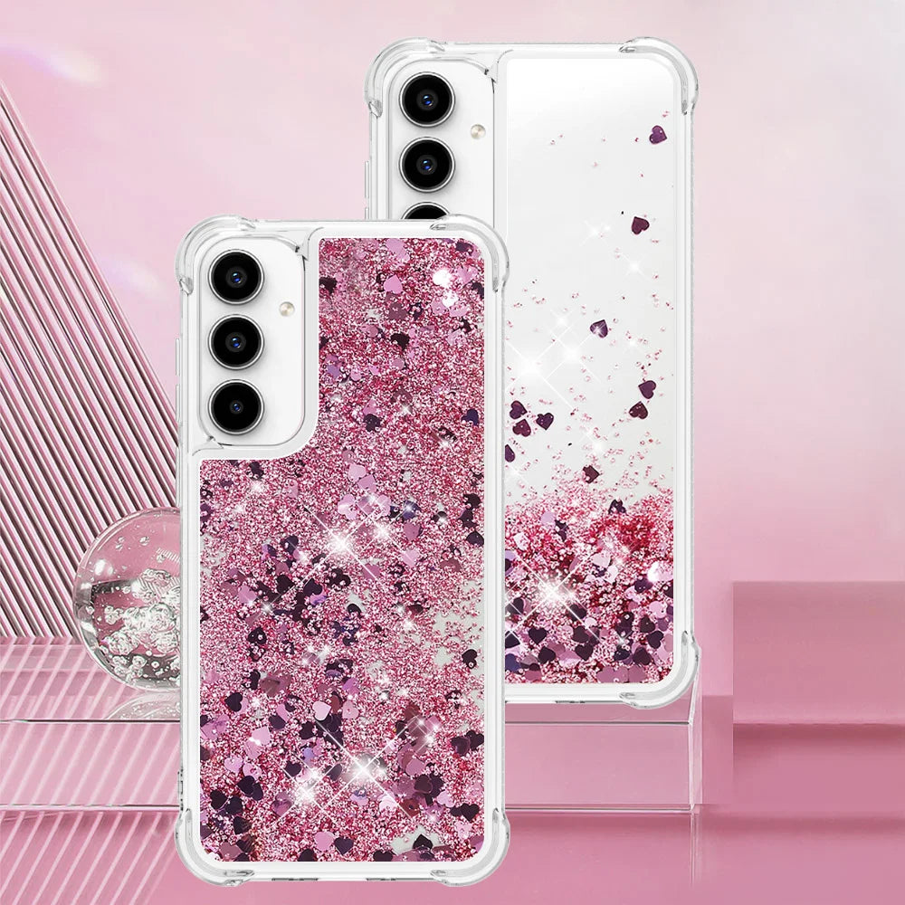For Samsung Galaxy A57 5G TPU Case Glitter Quicksand Shockproof Phone Back Cover - Rose Gold / Hearts - 7