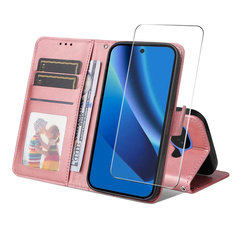 ENKAY HAT PRINCE For Google Pixel 10a PU Leather Wallet Case   Phone Stand Cover with 9H Tempered Glass - Pink - 1